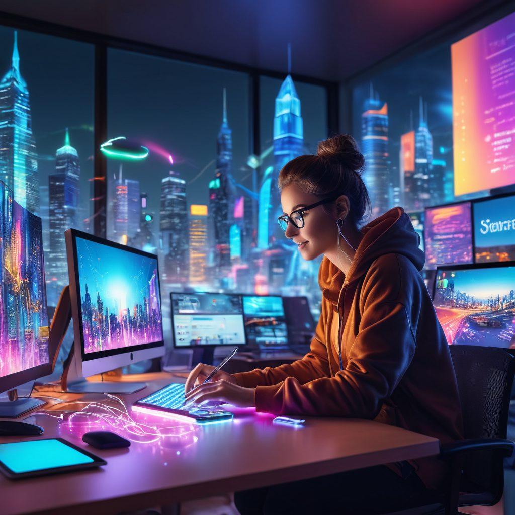 An enthusiastic content creator at a high-tech desk setup, surrounded by vibrant digital tools and icons representing video editing, social media, and analytics. The background features a futuristic cityscape made of glowing digital streams, symbolizing the endless possibilities of online video content. The atmosphere is dynamic and innovative, reflecting the excitement of unlocking potential. super-realistic. vibrant colors. 3D.