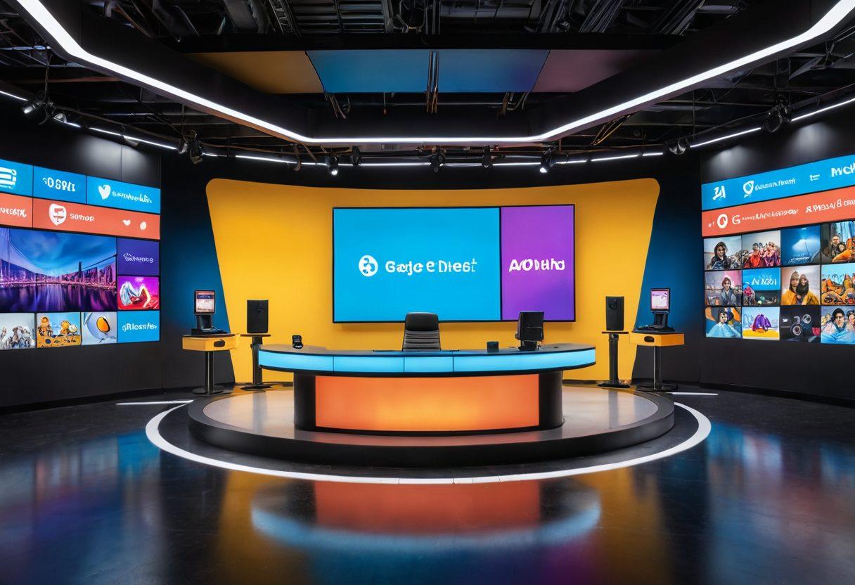 A dynamic scene with a vibrant mix of a live streaming studio setup and a sleek on-demand video interface, showcasing diverse audience engagement through live chats, floating emojis, and view counters. The background highlights a modern, tech-savvy aesthetic. 3D. vibrant colors.