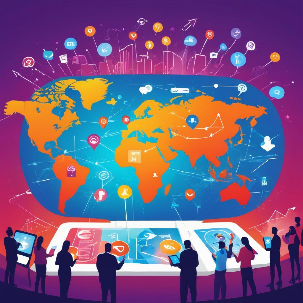 A dynamic scene showing a group of diverse people watching and engaging with video content on multiple devices including smartphones, tablets, and laptops. The background features a world map with arrows pointing to various global locations, illustrating wide distribution. Elements like social media icons and graphs indicating growth are subtly integrated. vibrant colors. vector art.